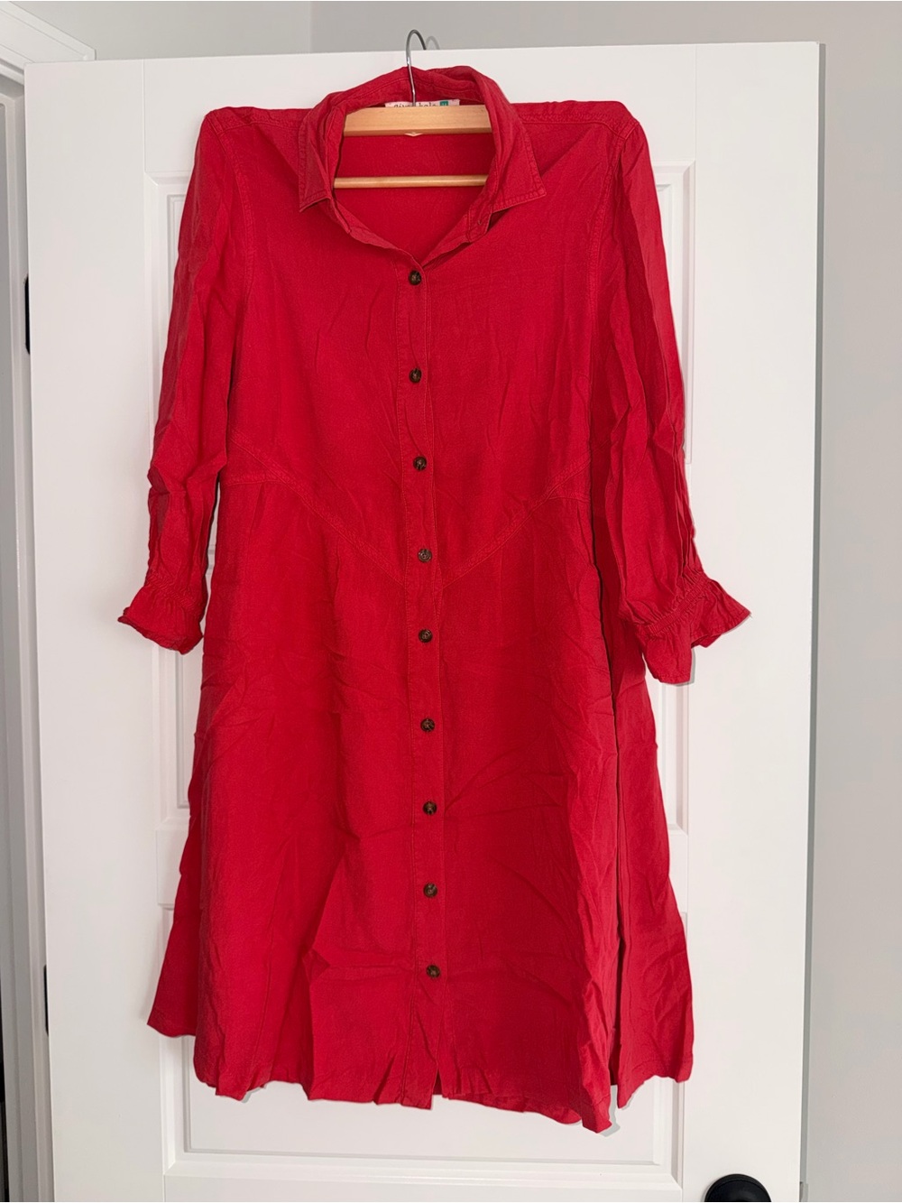 Red Button-Front Shirt Dress with Collared Neck